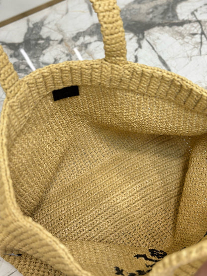 Prada 40 Cm Raffia Crochet Neutral Straw Tote Bag