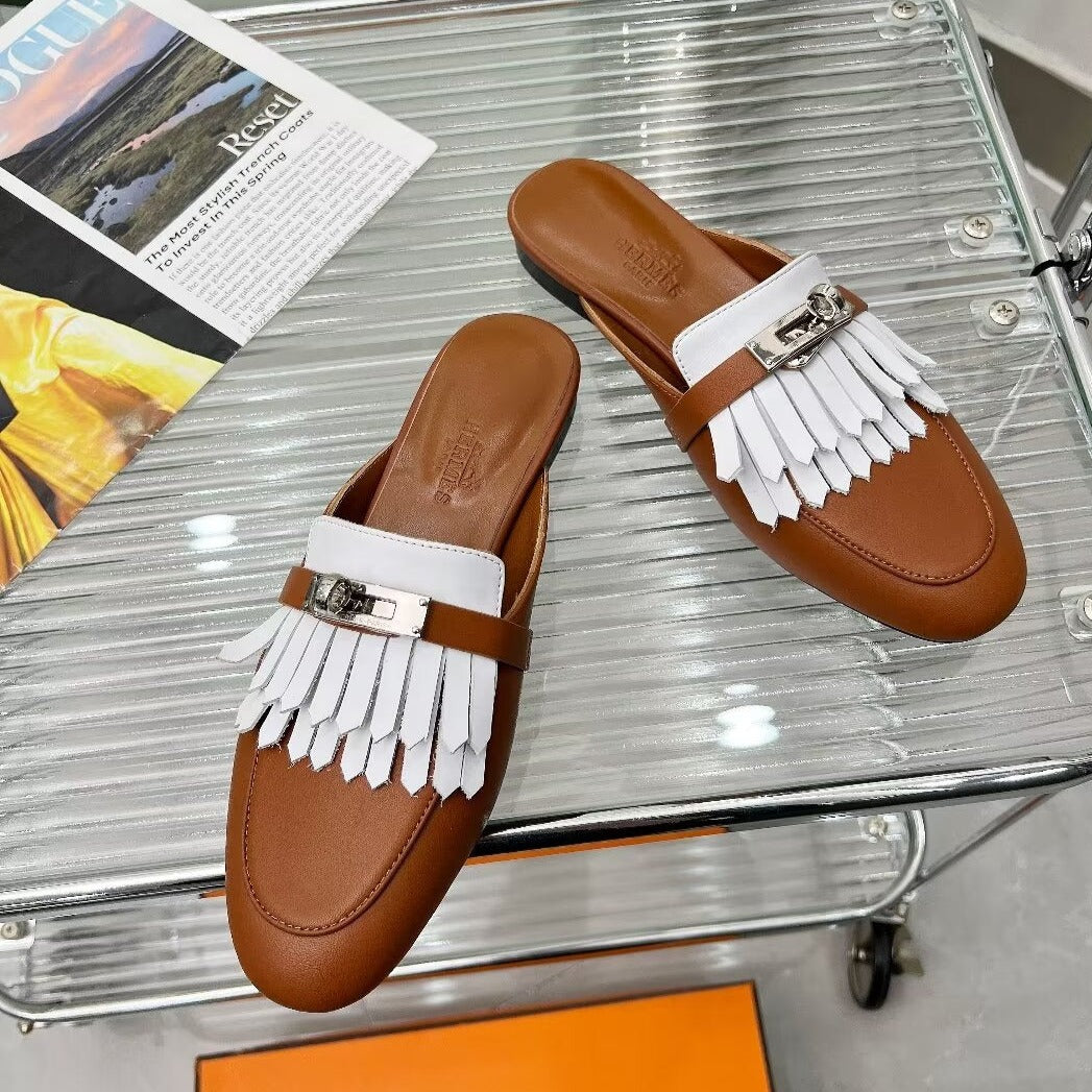 0Z MULE CARAMEL MIX FRINGED WHITE CALFSKIN