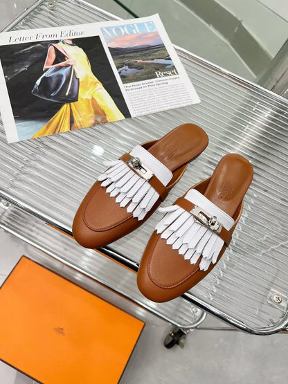 0Z MULE CARAMEL MIX FRINGED WHITE CALFSKIN