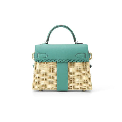 KELLY 20CM JAUNE DE NAPLES SWIFT IN TURQUOISE LEATHER AND WICKER SILVER HARDWARE