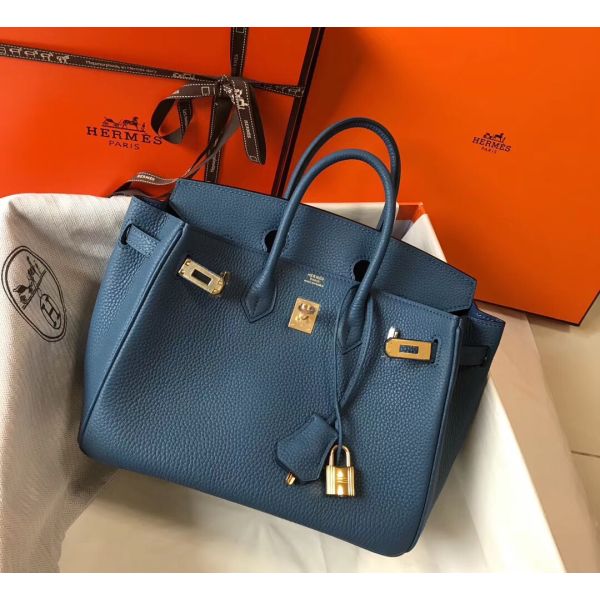 HERM Birkin 25cm Bag In Blue Agate Clemence Leather GHW