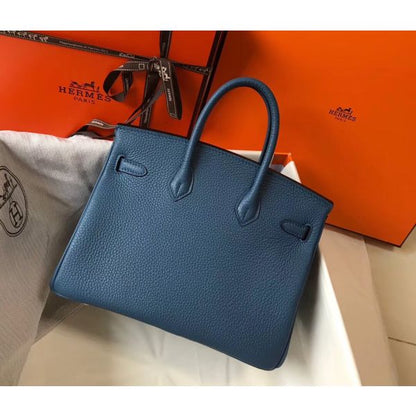 HERM Birkin 25cm Bag In Blue Agate Clemence Leather GHW