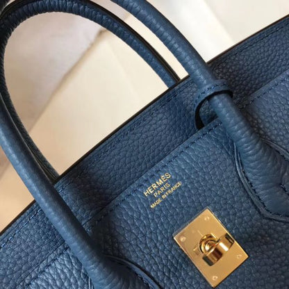 HERM Birkin 25cm Bag In Blue Agate Clemence Leather GHW