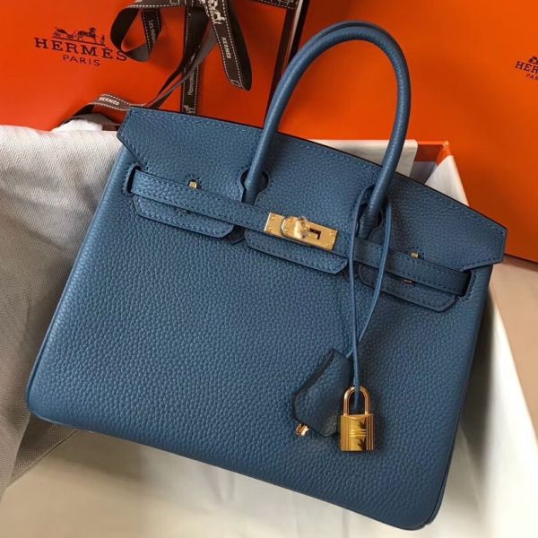 HERM Birkin 25cm Bag In Blue Agate Clemence Leather GHW