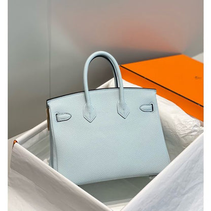 HERM Birkin 25cm Bag In Blue Brume Clemence Leather PHW