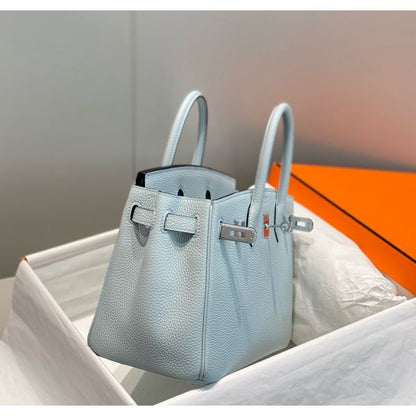 HERM Birkin 25cm Bag In Blue Brume Clemence Leather PHW