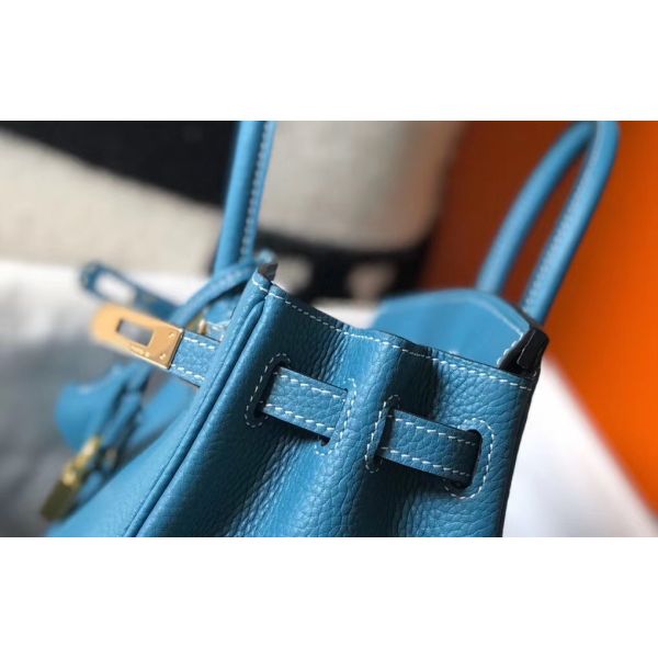 HERM Birkin 25cm Bag In Blue Jean Clemence Leather GHW