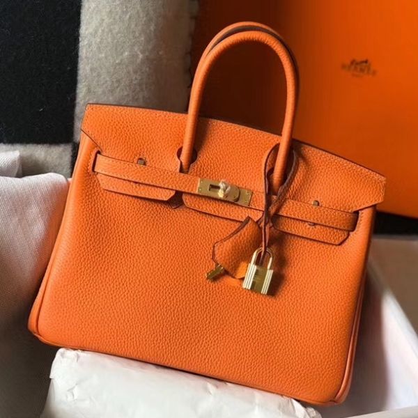 HERM Birkin 25cm Bag In Orange Clemence Leather GHW