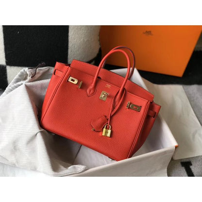 HERM Birkin 25cm Bag In Red Clemence Leather GHW