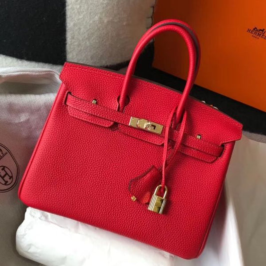 HERM Birkin 25cm Bag In Red Clemence Leather GHW