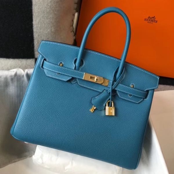 HERM Birkin 30cm Bag In Jean Blue Clemence Leather GHW