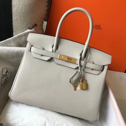 HERM Birkin 30cm Bag In Pearl Grey Clemence Leather GHW