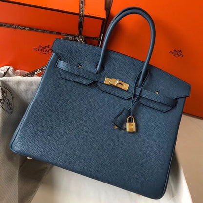 HERM Birkin 35cm Bag In Blue Agate Clemence Leather GHW