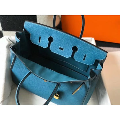 HERM Birkin 35cm Bag In Blue Jean Clemence Leather GHW