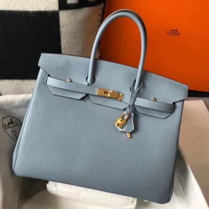 HERM Birkin 35cm Bag In Blue Lin Clemence Leather GHW