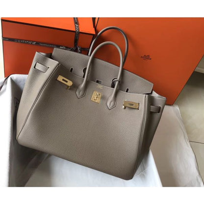 HERM Birkin 35cm Bag In Gris Tourterelle Clemence Leather GHW