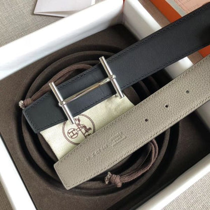 HERM H d'Ancre Reversible Belt In Grey/Noir Leather