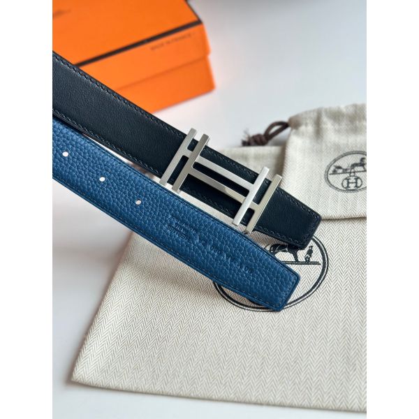 HERM H au Carre Reversible Belt 32MM in Blue Clemence Leather