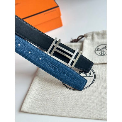 HERM H au Carre Reversible Belt 32MM in Blue Clemence Leather