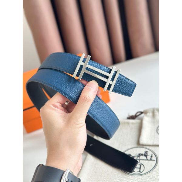HERM H au Carre Reversible Belt 32MM in Blue Clemence Leather