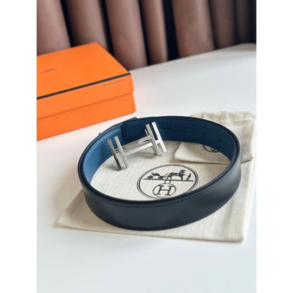 HERM H au Carre Reversible Belt 32MM in Blue Clemence Leather