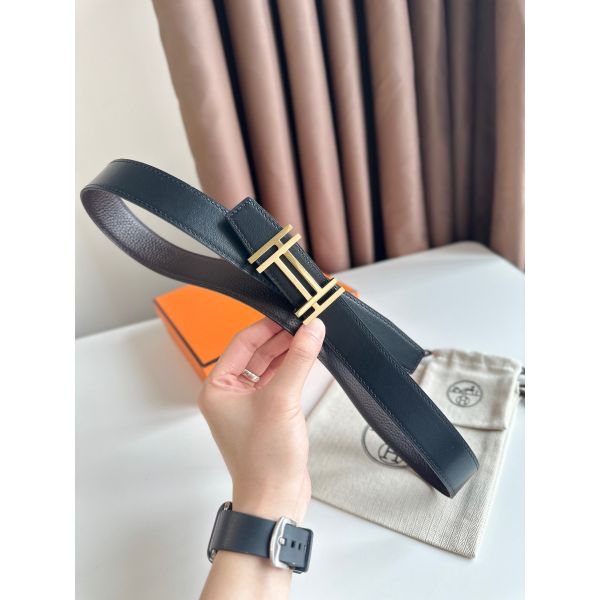 HERM H au Carre Reversible Belt 32MM in Chocolate Clemence Leather