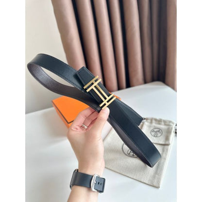 HERM H au Carre Reversible Belt 32MM in Chocolate Clemence Leather