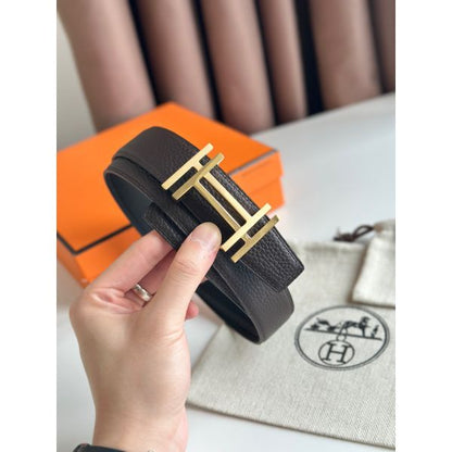 HERM H au Carre Reversible Belt 32MM in Chocolate Clemence Leather