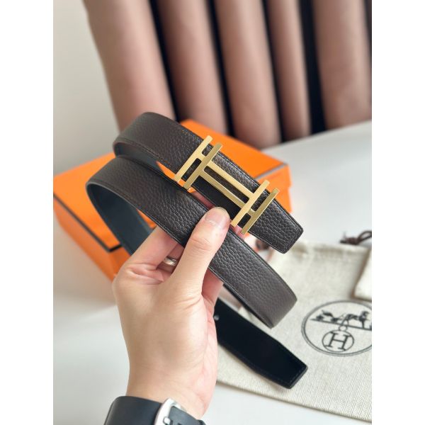 HERM H au Carre Reversible Belt 32MM in Chocolate Clemence Leather