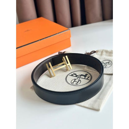 HERM H au Carre Reversible Belt 32MM in Chocolate Clemence Leather