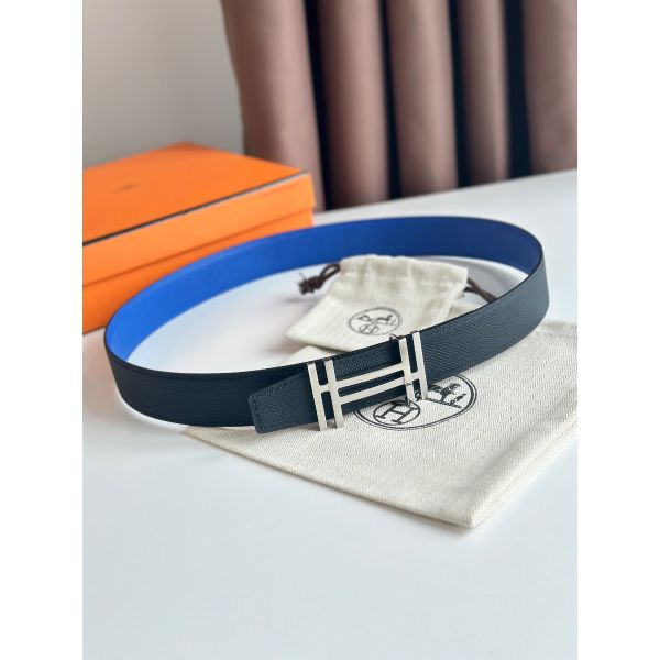 HERM H au Carre Reversible Belt 32MM in Blue and Black Epsom Leather
