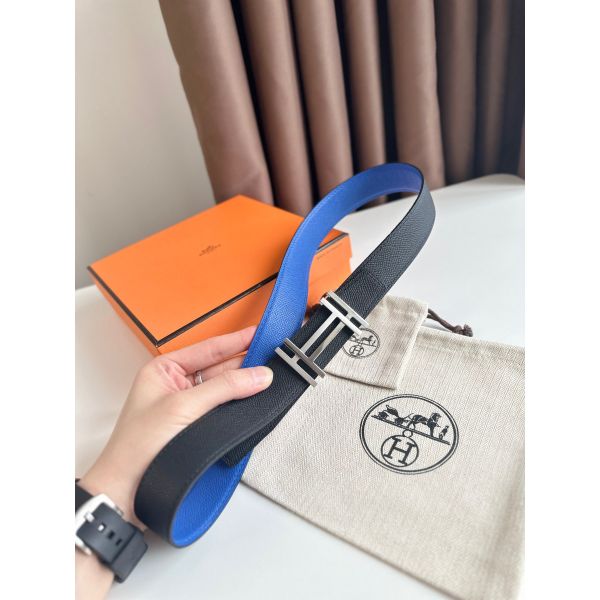 HERM H au Carre Reversible Belt 32MM in Blue and Black Epsom Leather