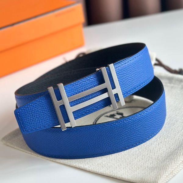 HERM H au Carre Reversible Belt 32MM in Blue and Black Epsom Leather