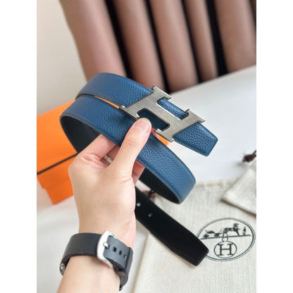 HERM H Speed Reversible Belt 32MM in Blue Jean Clemence Leather