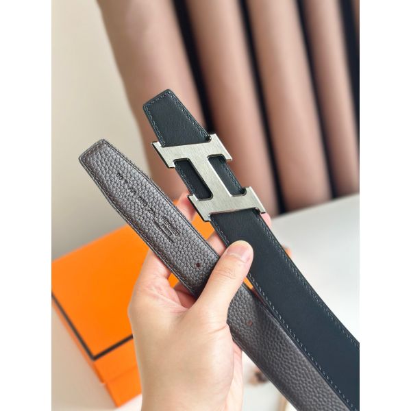 HERM H Speed Reversible Belt 32MM in Chocolate Clemence Leather