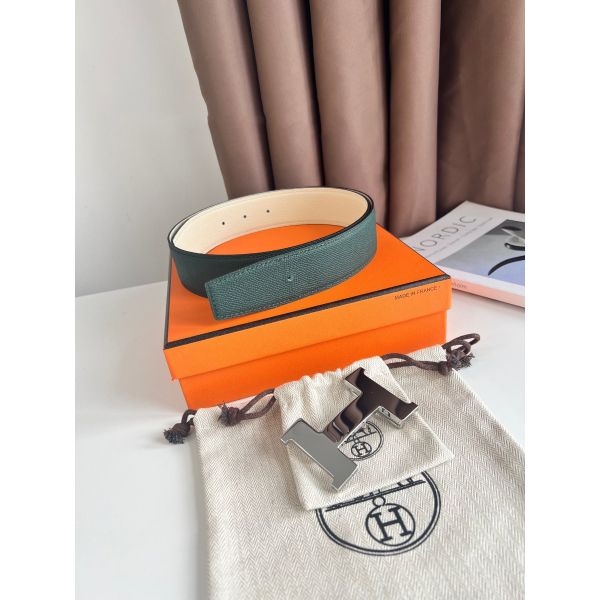 HERM Constance Reversible Belt 38MM in Green and Craie Epsom Calfskin