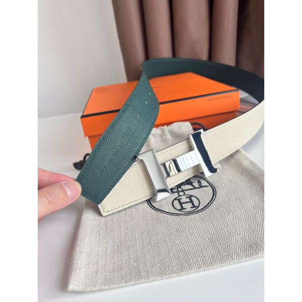 HERM Constance Reversible Belt 38MM in Green and Craie Epsom Calfskin
