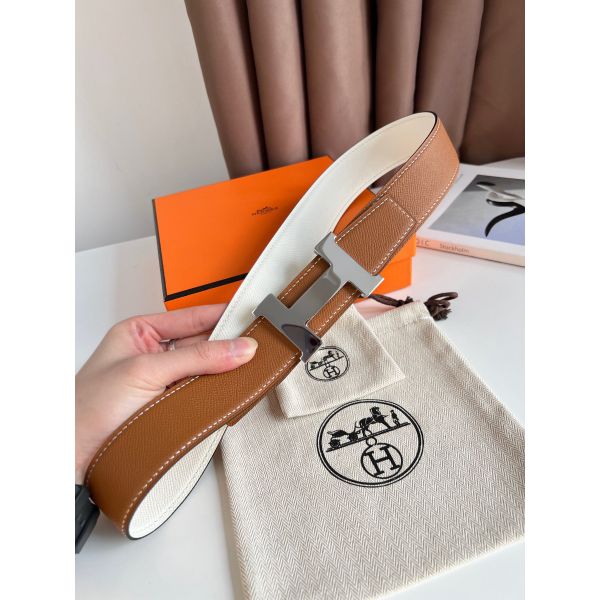 HERM Constance Reversible Belt 38MM in Gold and White Epsom Calfskin