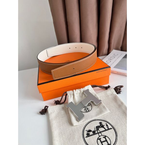 HERM Constance Reversible Belt 38MM in Gold and White Epsom Calfskin