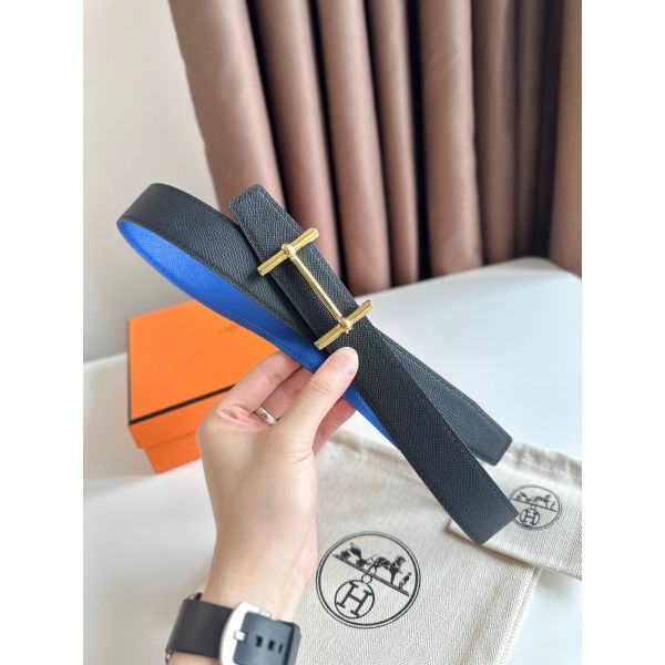 HERM H d'Ancre Reversible Belt 32MM in Blue and Black Epsom Calfskin
