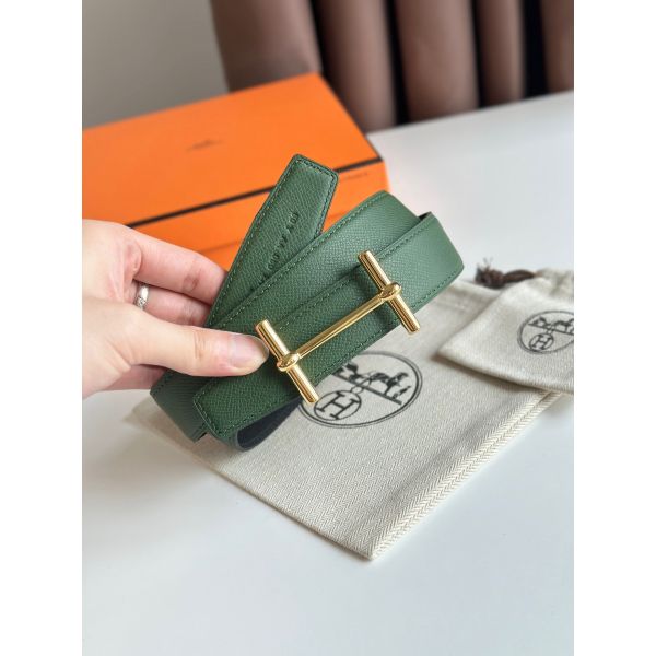 HERM H d'Ancre Reversible Belt 32MM in Black and Green Epsom Calfskin