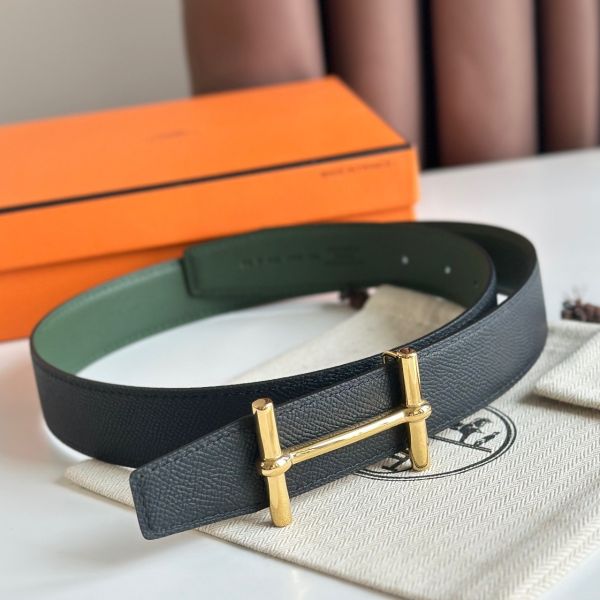 HERM H d'Ancre Reversible Belt 32MM in Black and Green Epsom Calfskin