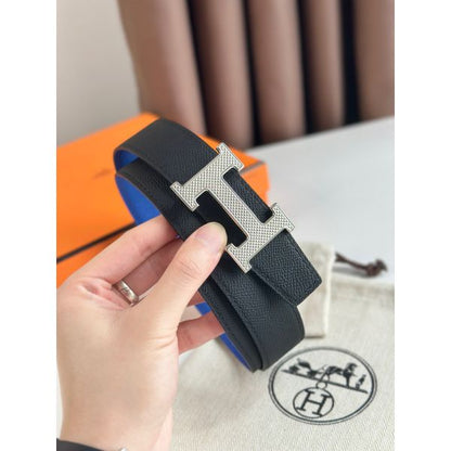 HERM H Guillochee Reversible Belt 32MM in Black and Blue Epsom Calfskin