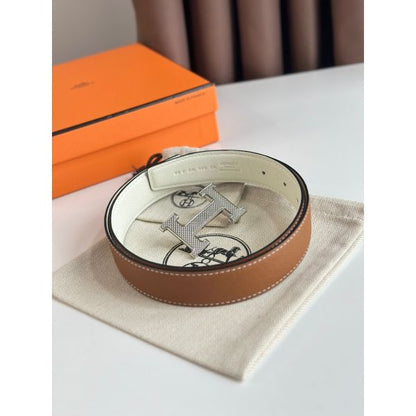 HERM H Guillochee Reversible Belt 32MM in Gold and White Epsom Calfskin