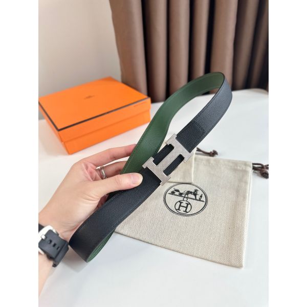 HERM H Guillochee Reversible Belt 32MM in Green and Black Epsom Calfskin