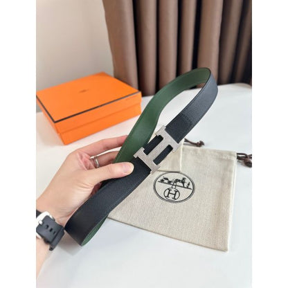 HERM H Guillochee Reversible Belt 32MM in Green and Black Epsom Calfskin