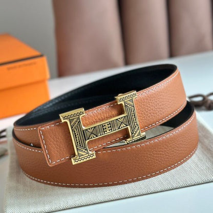 HERM H Touareg Reversible Belt 32MM in Gold Clemence Leather