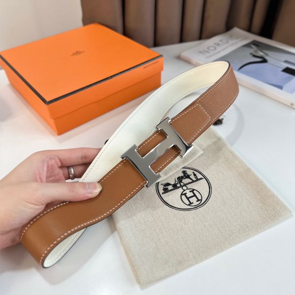 HERM H Reversible Belt 38MM in White and Gold Epsom Leather