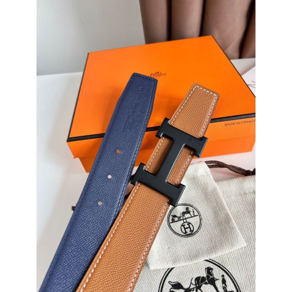 HERM H Reversible 38MM Belt with matte Buckle in Blue and Gold Epsom Leather