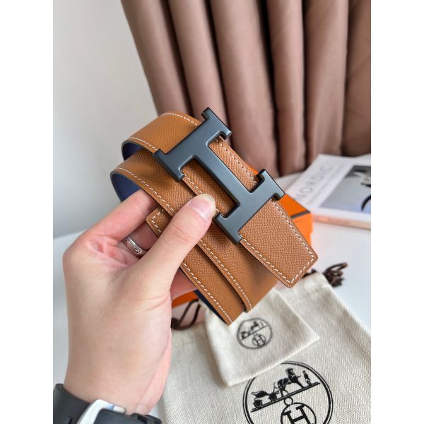 HERM H Reversible 38MM Belt with matte Buckle in Blue and Gold Epsom Leather